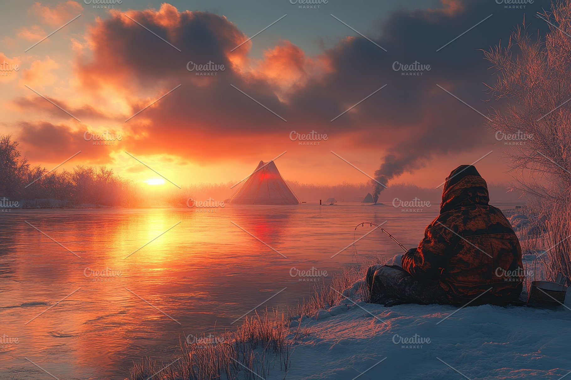 Winter fishing at sunrise by a froze, a Photo by Tanuart