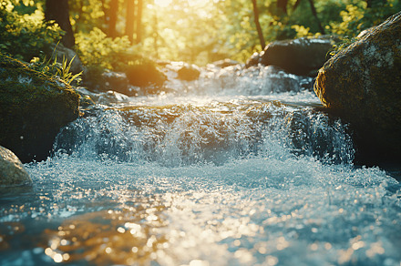 Stream of water flowing down in the forest with sun rays, a Nature Photo by AlyaAnd