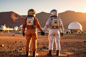 Astronaut couple holding hands at Martian colony sunrise, a Technology Photo by GoodGoods