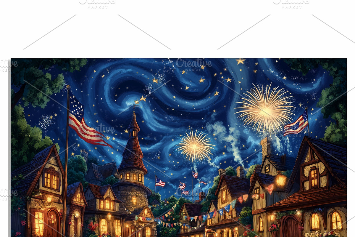 Cozy July 4th: Stars & Fireworks, a Decorative Illustration by Art Paradise Studios