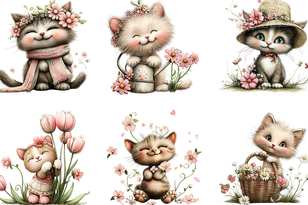 Whimsical Spring Cat Clipart, an Illustration by Designking (Photo 2 of 5)