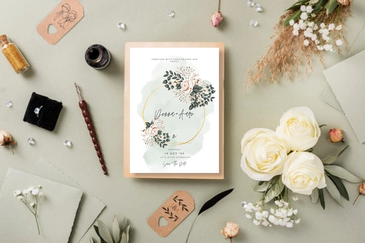 Pink Flowers Grey Leaves Invitation, an Invitation Template by Weddinginvitation by Fati (Photo 2 of 3)