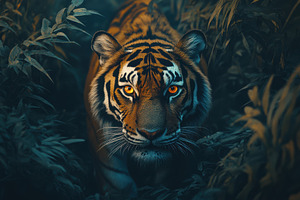 Majestic Tiger Stalking in Lush Jung, an Animal Photo by Pixeness Studio