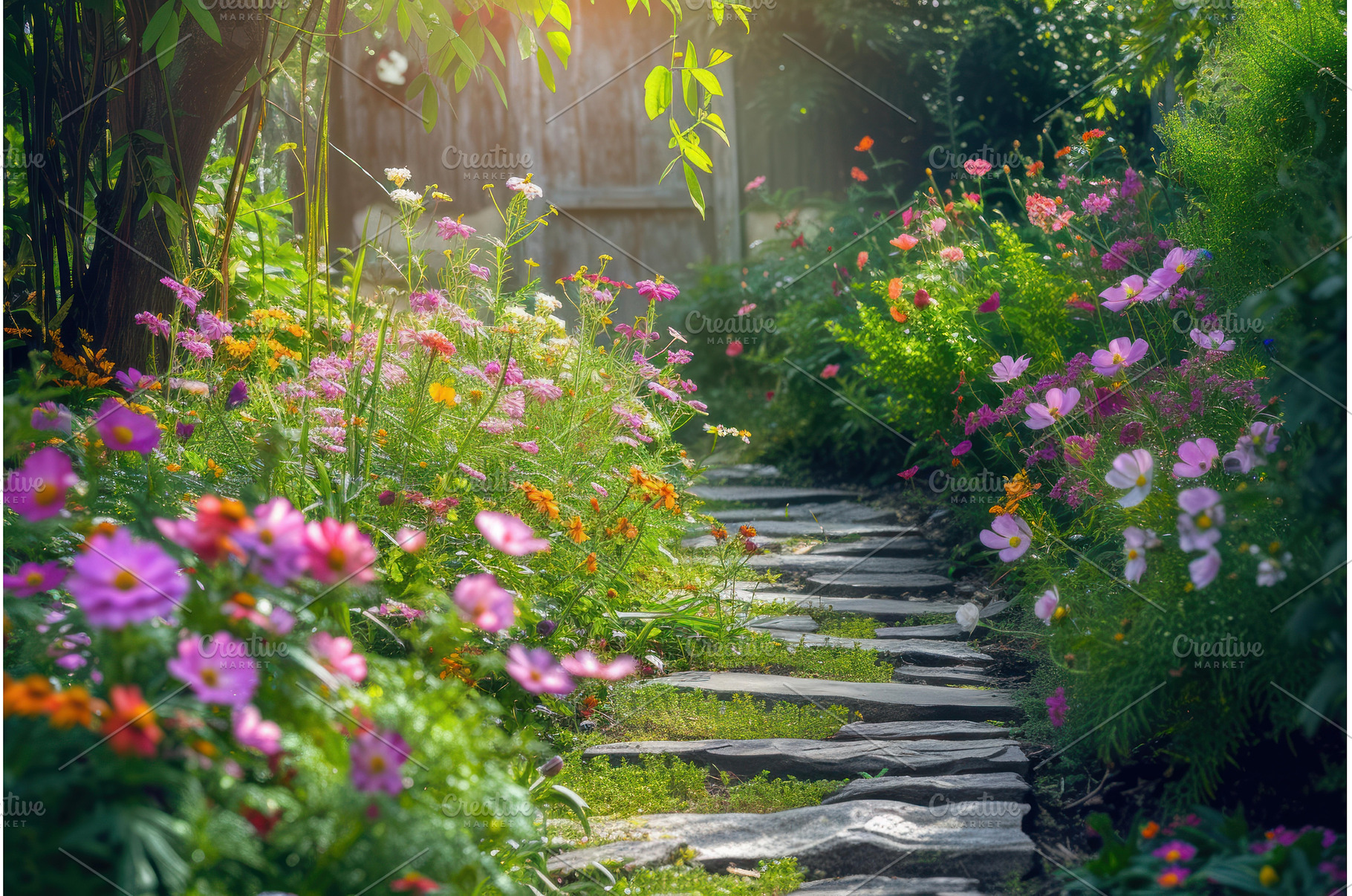 Bright Summer garden flowers lawn, a Nature Photo by Ylivdesign