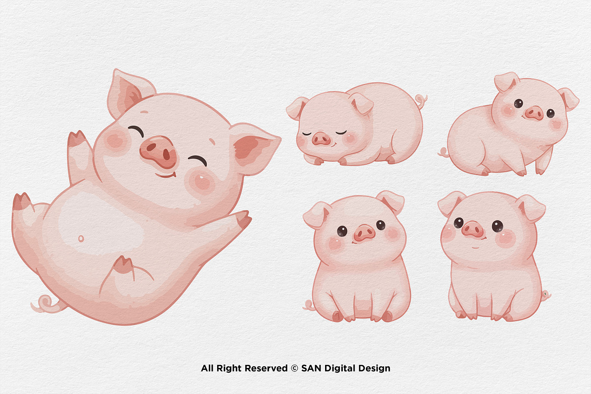 15 Bundle Watercolor Chubby Pig Pink, an Animal Illustration by Morspective (Photo 6 of 8)