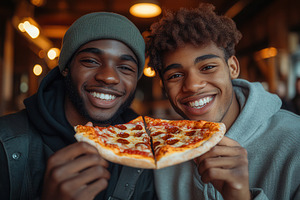 Friends enjoy delicious pizza togeth, a Photo by Tanuart
