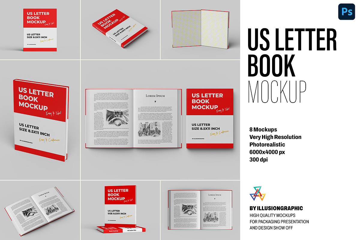 US Letter Book Mockup - 8 views, a Books & Magazine Mockup by Illusiongraphic (Photo 1 of 22)