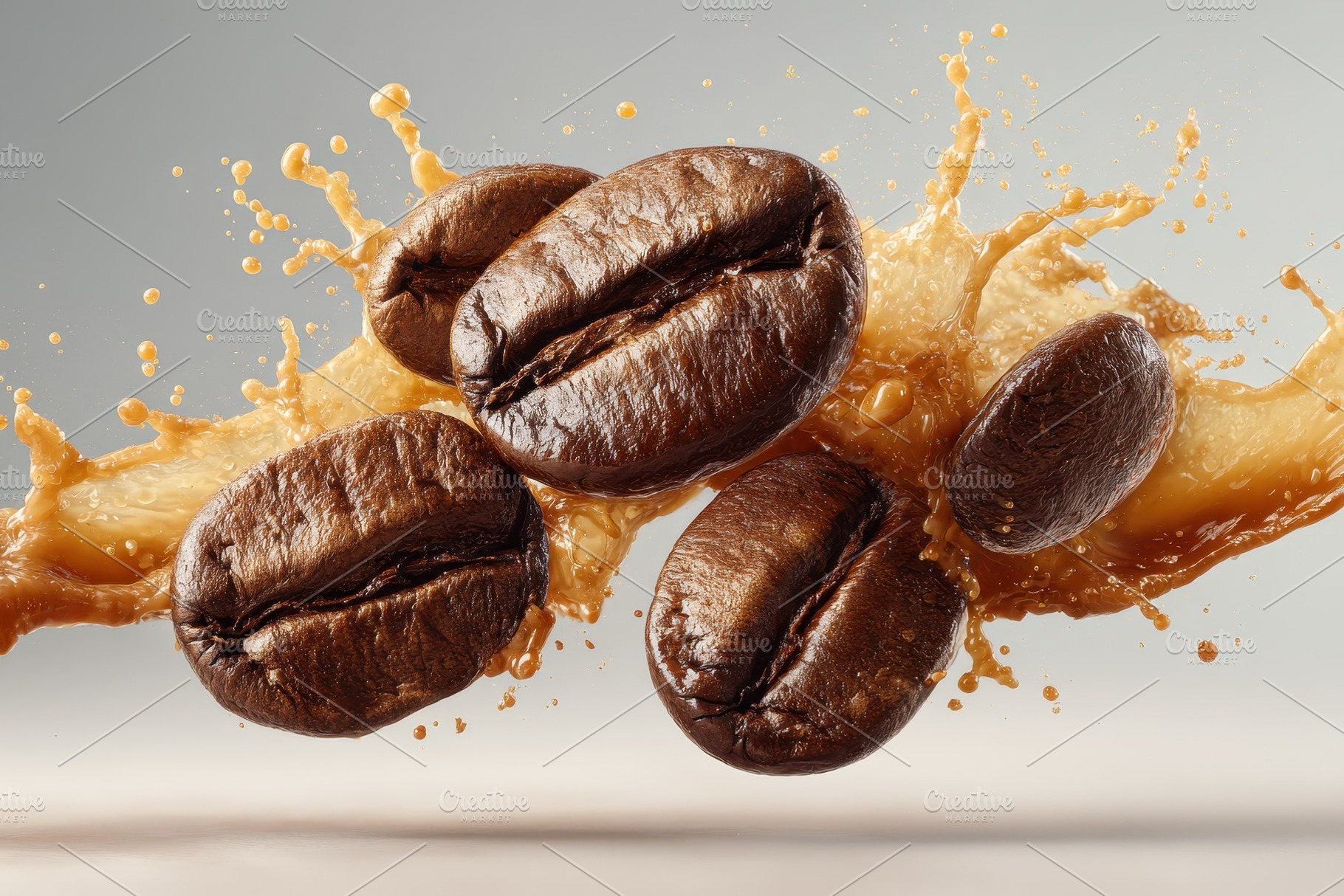 Coffee beans splashing in brown liqu, a Photo by Pixeness Studio