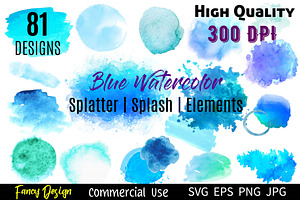 Dark Light Blue Watercolor Splashes