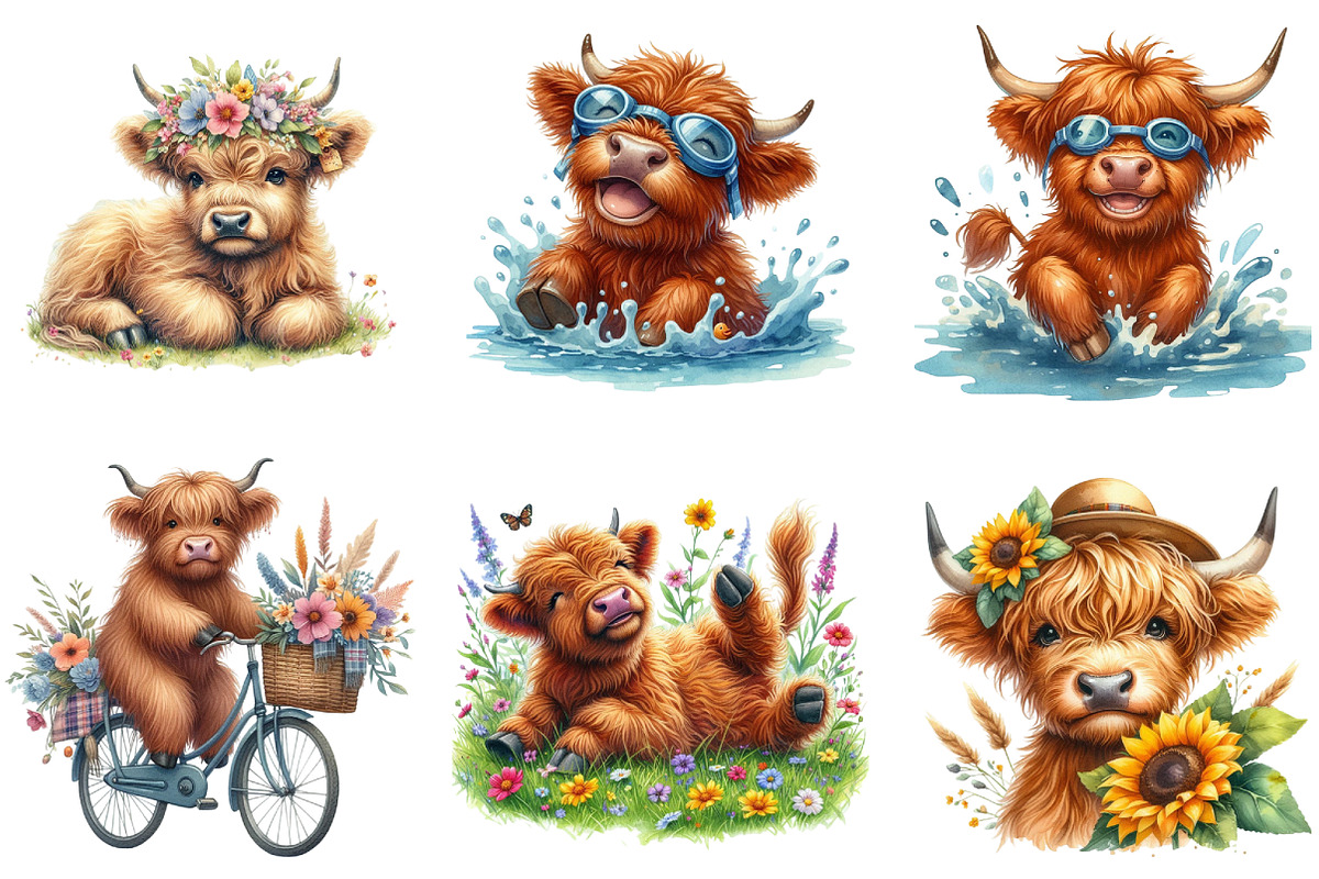 Summer Highland Cow Clipart, a Seasonal Illustration by DreamArtGraphic (Photo 2 of 4)
