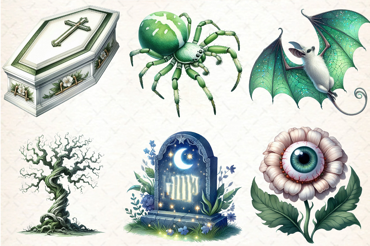 Green & White Halloween Clipart, an Illustration by DreamCafeArt (Photo 3 of 7)