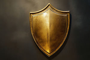 View of a shiny golden security shield attached to a dark wall, an Abstract Photo by AlyaAnd