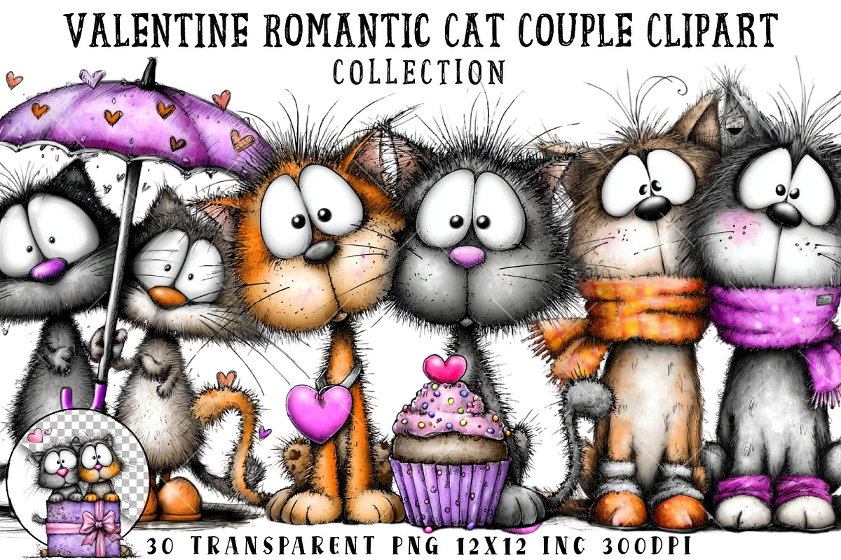 Valentine Romantic Cat Couple Clipar, an Illustration by OK Design (Photo 1 of 6)