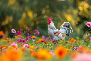 Colorful rooster standing among vibrant flowers in a sunny garden, an Illustration by AS photostudio