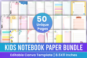 Printable Kids Notebook Paper Bundle, a Stationery Template by Mustafiz