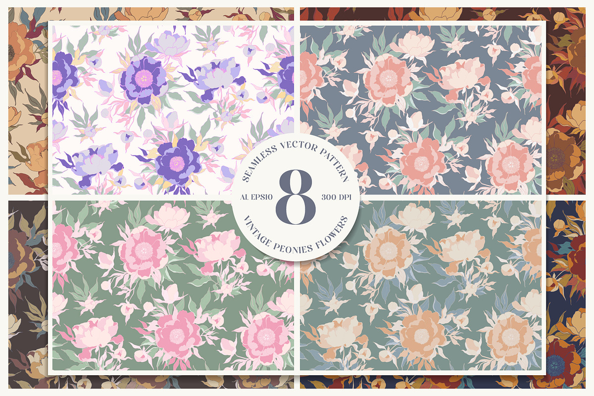 Seamless pattern set with peonies., a Decorative Illustration by GenziWorkshop (Photo 1 of 12)