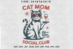 Retro Cat Mom Social Club Embroidery, an Illustration by Moss Rose