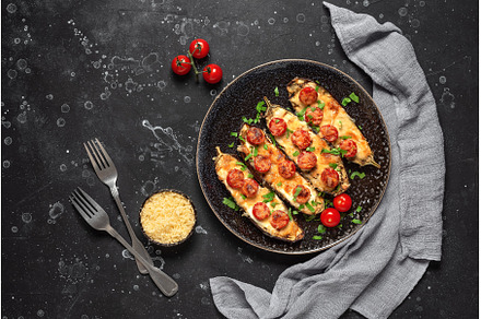 Baked eggplants with cherry tomato, a Food & Drink Photo by Yulia71