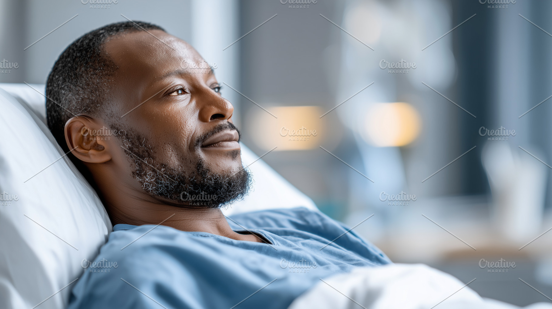 Thoughtful man lying in a hospital, a Health & Medical Photo by MistyDay