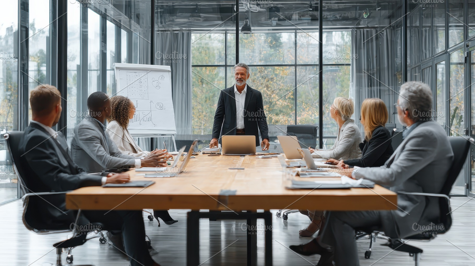 Businessman leading a team meeting p, a Photo by Pixeness Studio