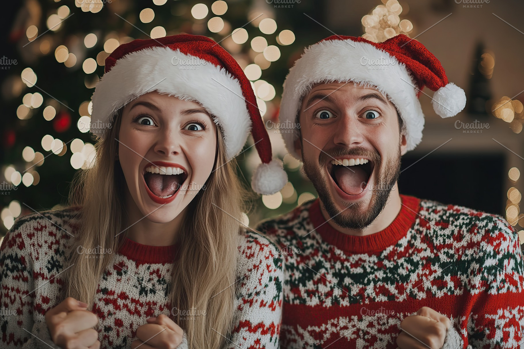 Emotional young couple in christmas sweaters and santa hat sitting on blurred f, a Holiday Photo by AlyaAnd