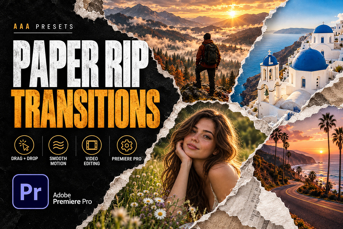 Paper Rip Transitions Premiere Pro, a Plug-in Add-On by AAA Presets (Photo 1 of 3)