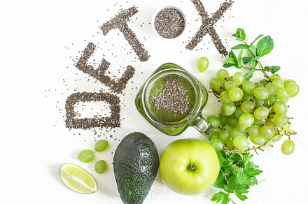 Word detox is made from chia seeds green smoothies and ingredients concept of, a Health & Medical Photo by colnihko