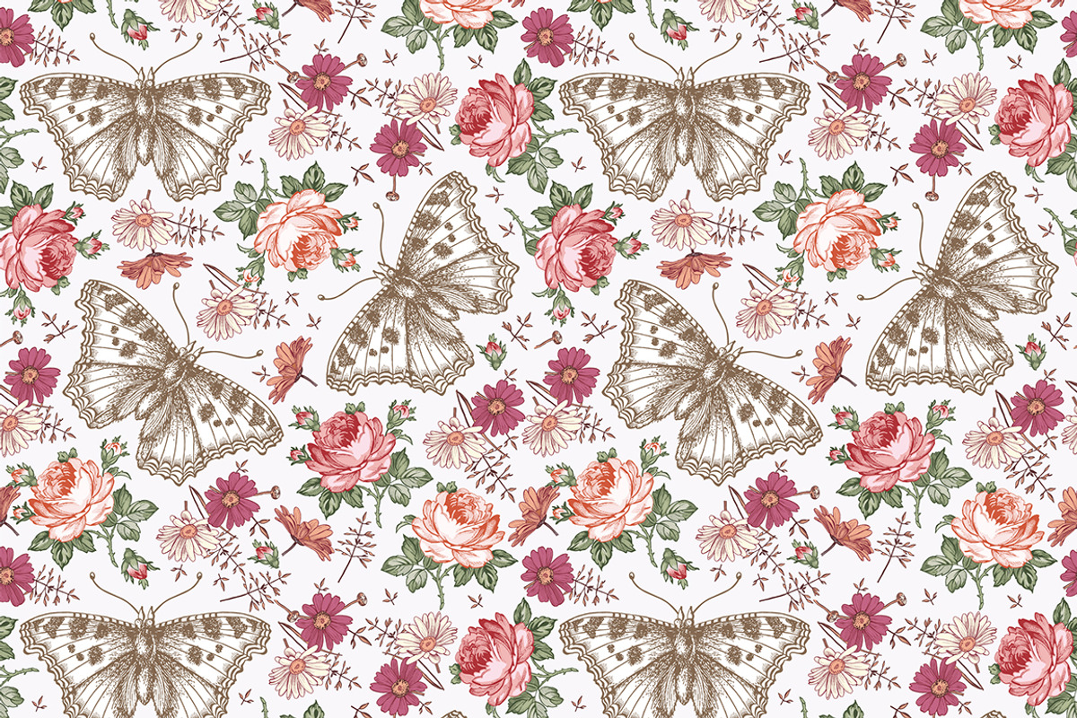 4 Seamless Butterflies Roses insects, a Pattern Graphic by Vintage (Photo 6 of 14)