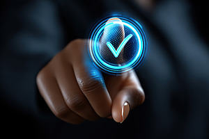 Hand pointing at a glowing check mark symbol on a dark background to indicate a, a Business Photo by AlyaAnd