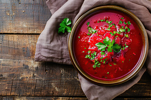 Flat lay of bowl of beet root soup borsch on wooden table, a Food & Drink Photo by AlyaAnd