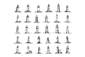 Lighthouses Icons Set Line Engraving, an Object Illustration by LadadikArt