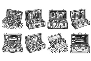 toolbox with assorted hand tools, an Illustration by AlexArt