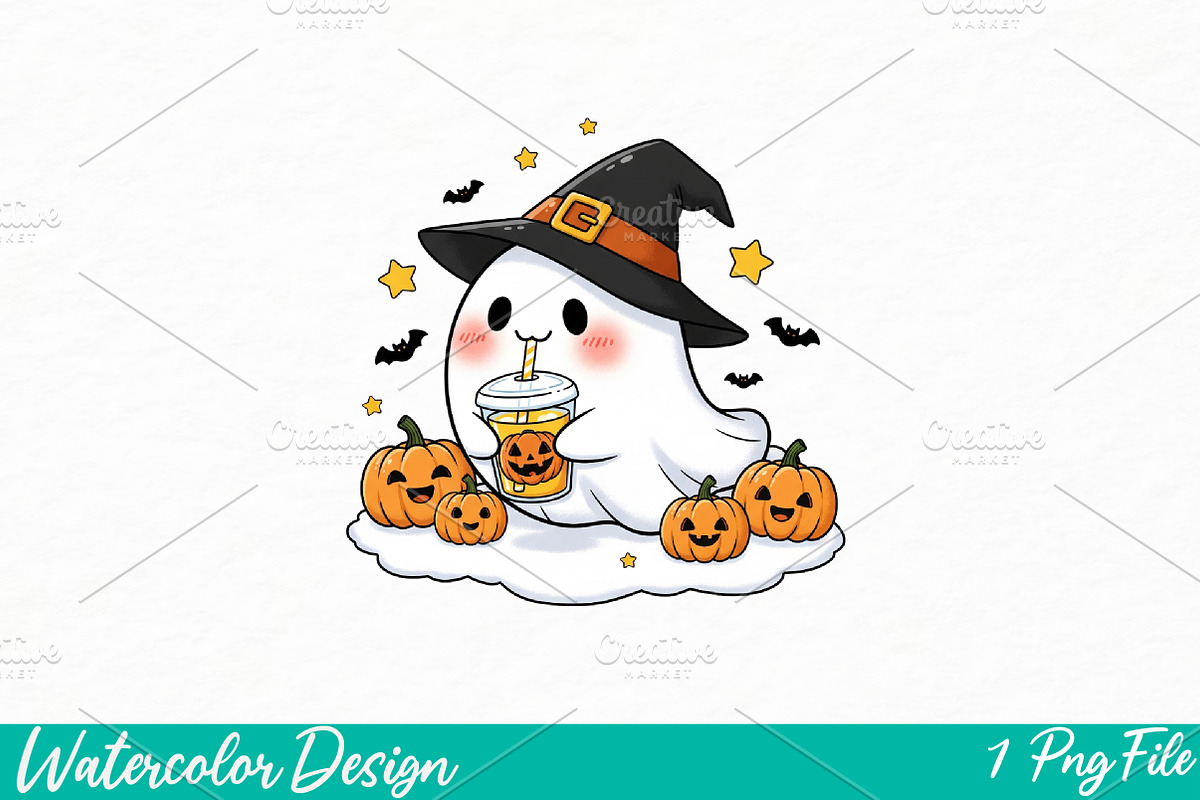 Cute Halloween Ghost and Cat Png, an Illustration by Watercolor design (Photo 1 of 3)