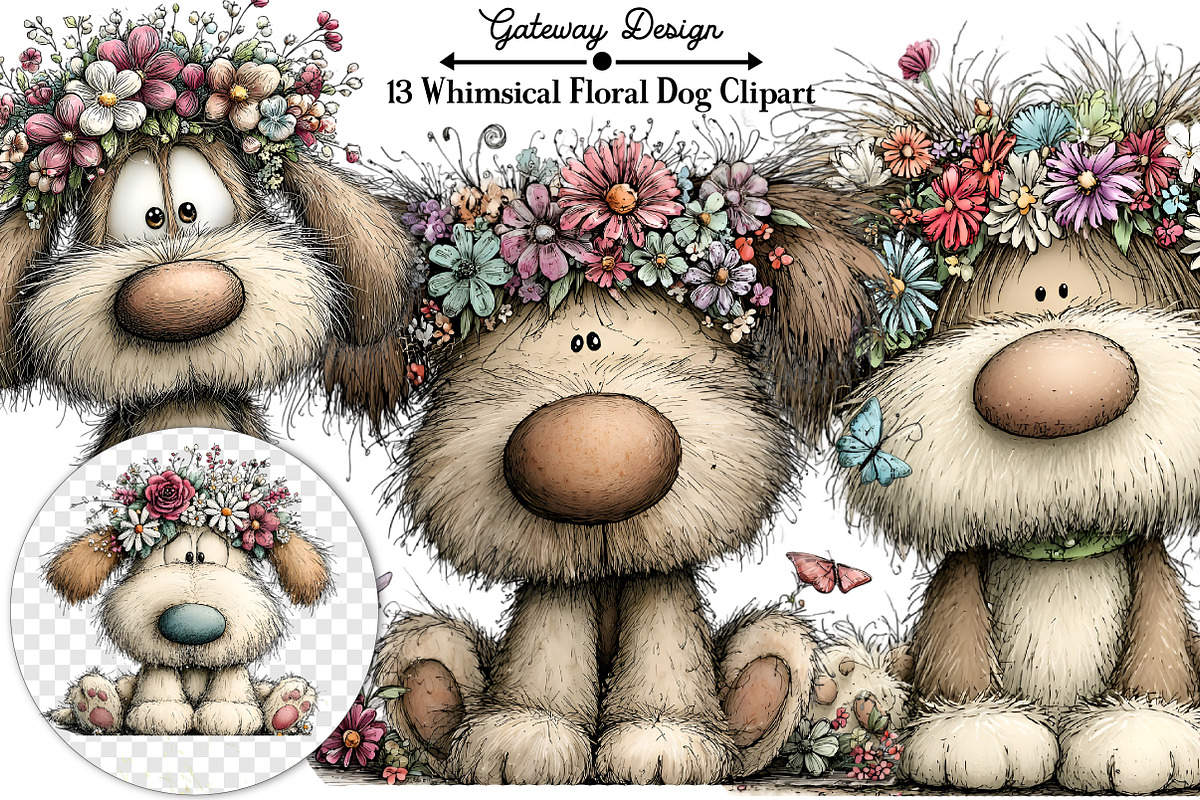 Whimsical Floral Dog Clipart Bundle, an Illustration by GatewayDesign (Photo 1 of 5)