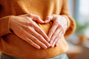 Hands form a heart shape on pregnant woman's belly in cozy indoor setting, a Person Photo by AlyaAnd