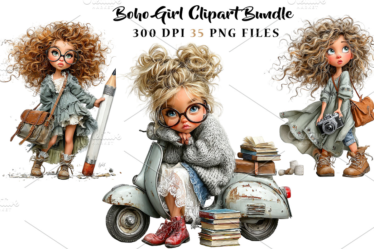Boho Girl Clipart Bundle, a Seasonal Illustration by CreationArt (Photo 1 of 5)