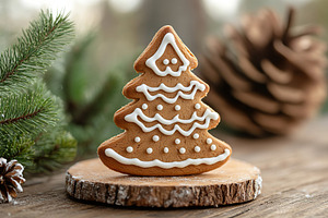 Christmas gingerbread fir tree cookie on wooden table, a Food & Drink Photo by AlyaAnd