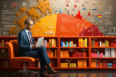 Businessman sitting in office chair with illustration of charts, a Business Photo by AS photostudio