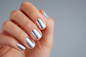 Close-up view of a female hand showcasing silver metallic nail polish with a so, a Photo by AlyaAnd