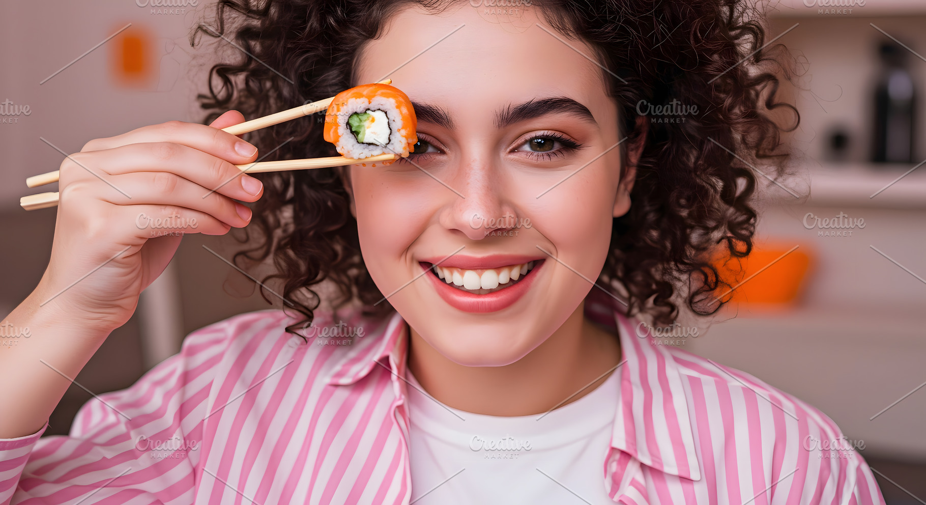 Young Woman Holding Sushi Roll with, a Food & Drink Photo by Stock Shape