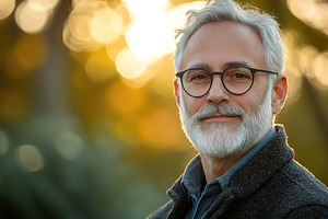 Middle aged man with gray hair smiling outdoors during sunset in a vibrant atmo, a Person Photo by AlyaAnd