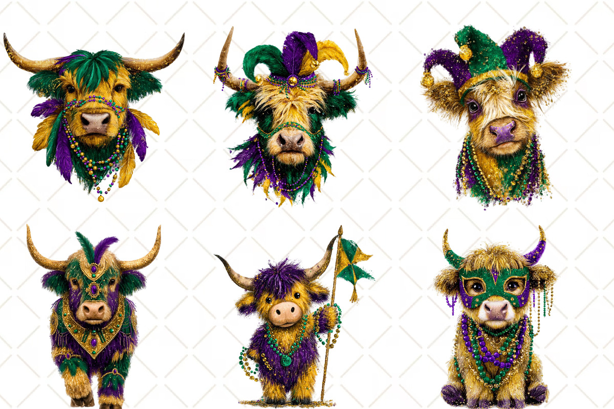 Cute Mardi Gras Highland Cow Clipart, an Illustration by Black Bird Studio (Photo 3 of 6)
