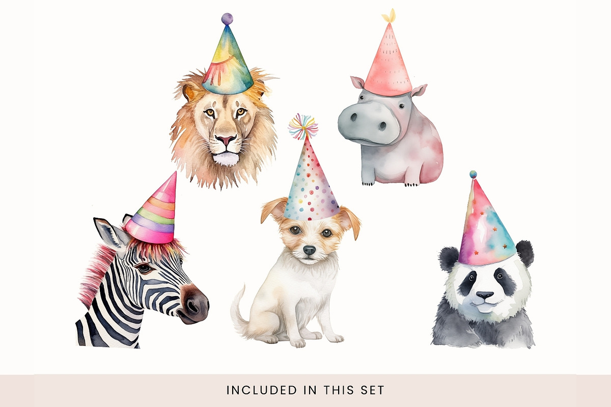 Animals in Party Hats Clipart, Cute, a Decorative Illustration by illuztrate (Photo 6 of 8)