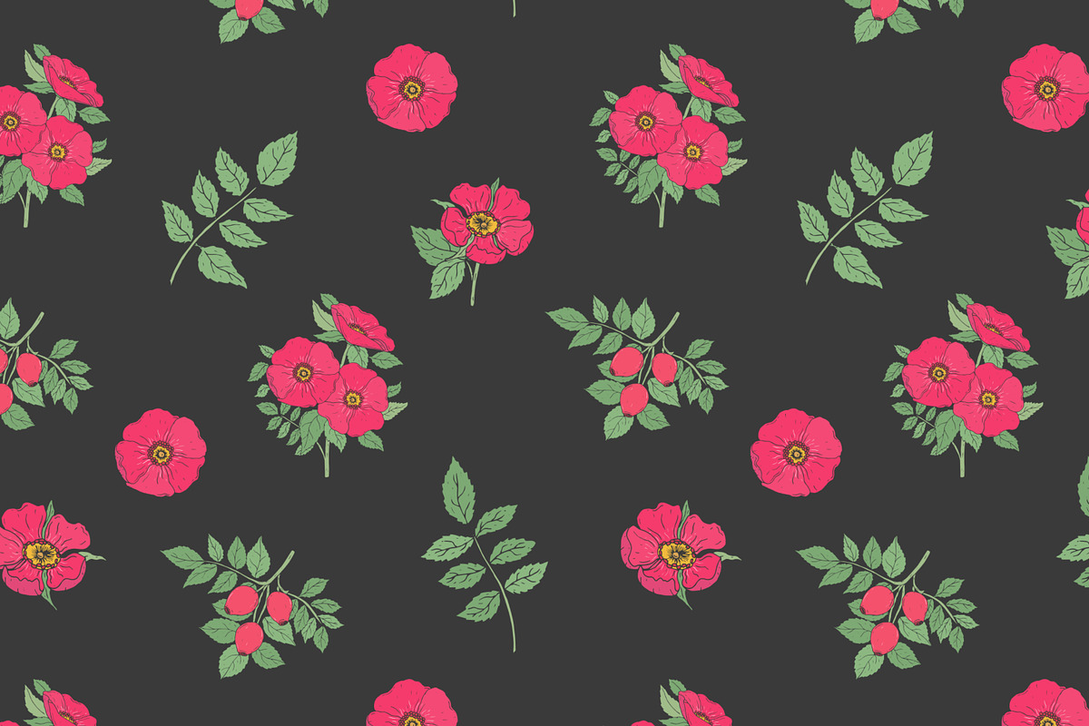 Dog-roses set and seamless pattern, a Decorative Illustration by Good Studio (Photo 7 of 9)