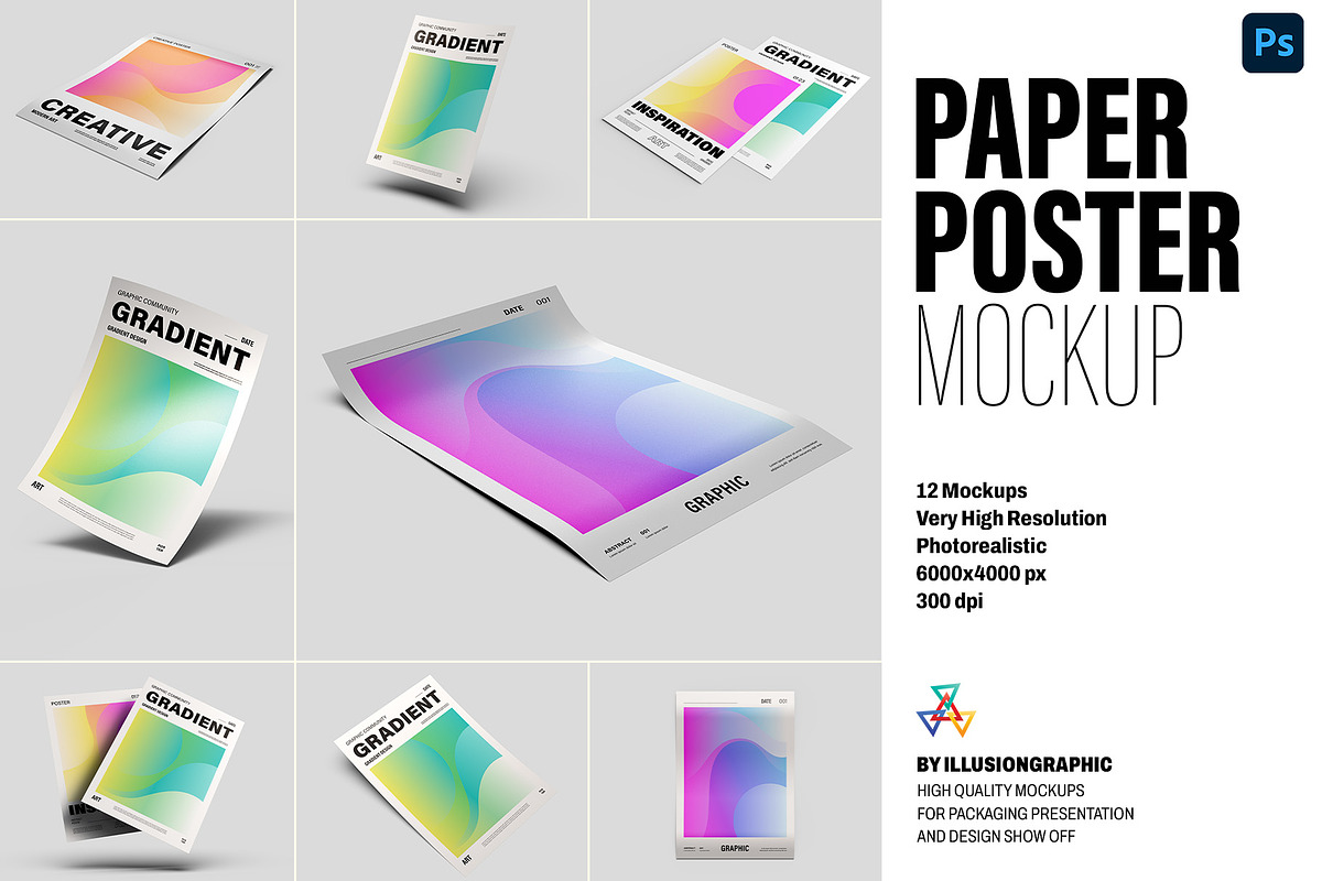 Paper Poster Mockups - 12 views, an Advertising Mockup by Illusiongraphic (Photo 1 of 28)