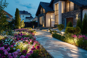 Beautifully lit garden pathway, a Photo by Pavel_design