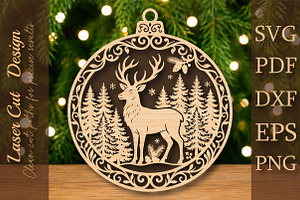 Reindeer Forest Christmas Ornament, a Work Illustration by Digital Artistic99