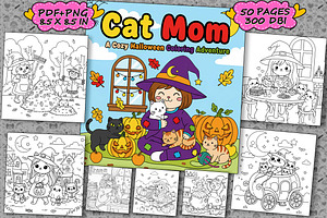 Cat Mom Halloween Coloring Book Page, an Illustration by one-touch