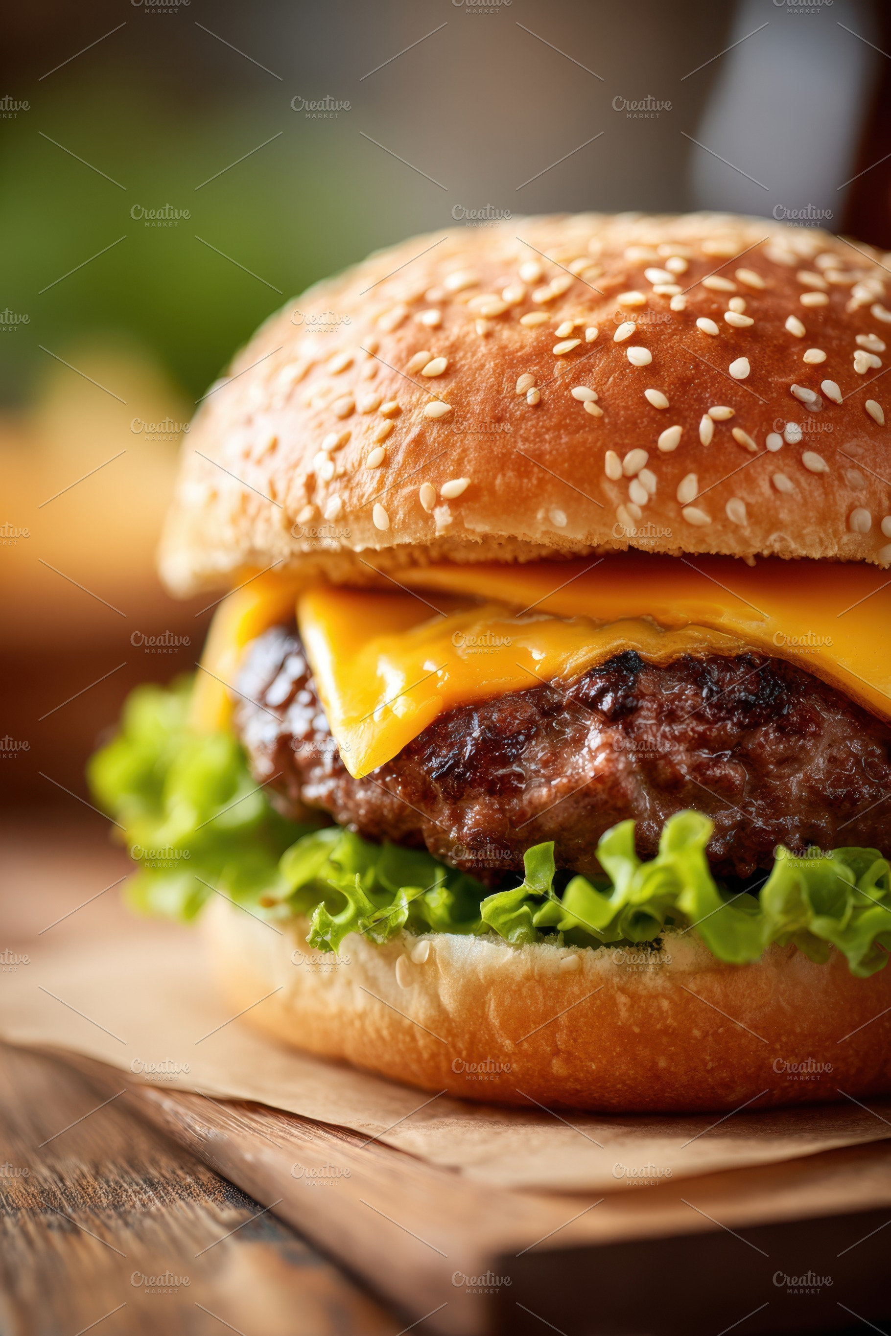 Delicious cheeseburger with melted cheese and fresh toppings, a Food & Drink Photo by AlyaAnd