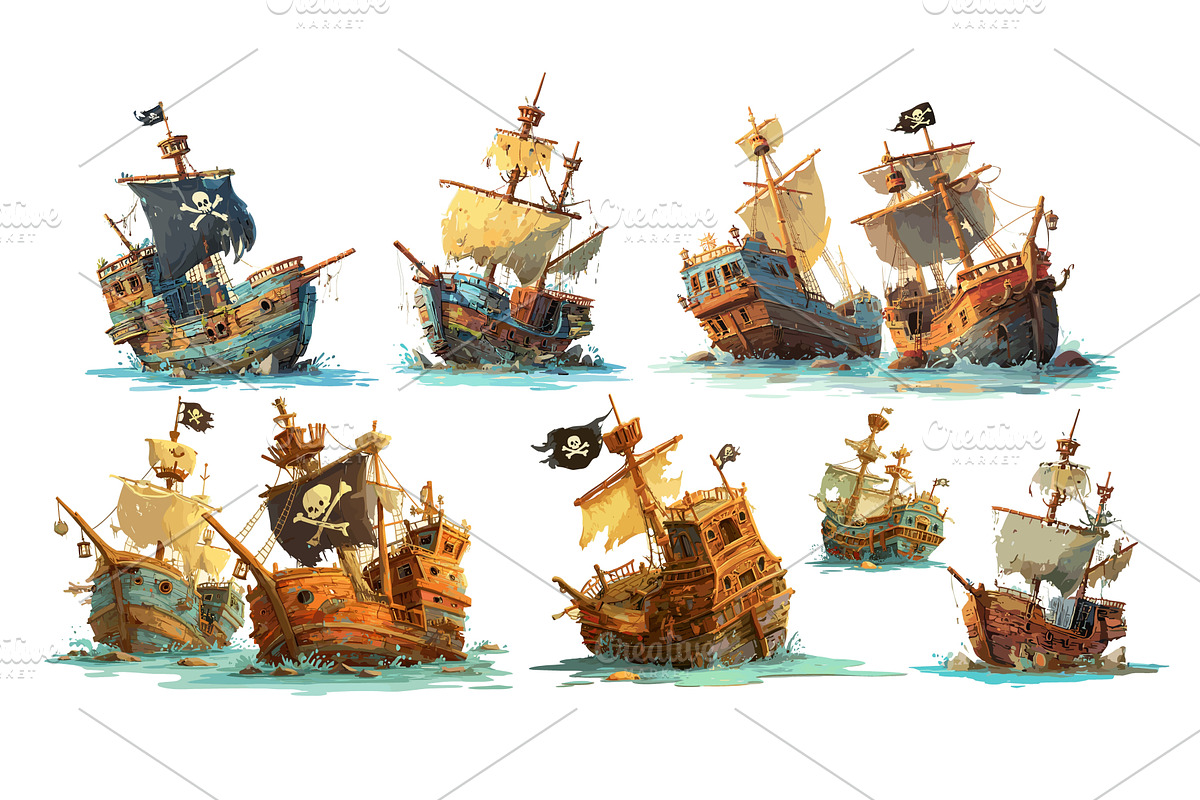 Abandoned pirate ships cartoon, an Animal Illustration by Onyx